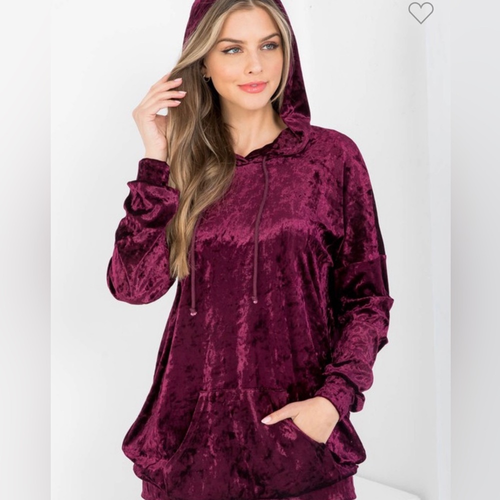 New! Velvet Soft Burgundy Plum Hoodie Kangaroo Pocket Pullover Sweater Top